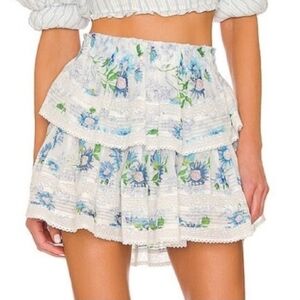 New LoveShackFancy 100% Cotton‎ Floral Ruffle Skirt with Blue and Green Accents
